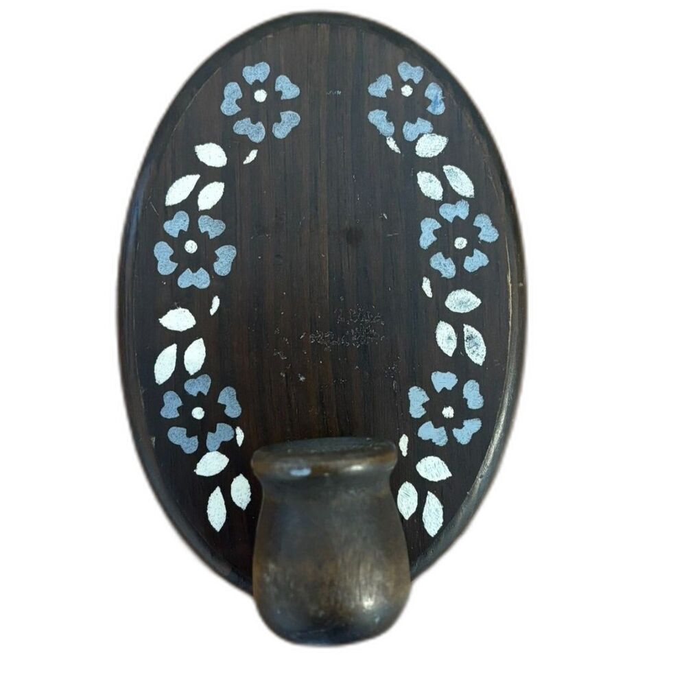 Vintage 70s Kitschy Hand Painted Stenciled Blue Floral Wooden Candle Wall Sconce